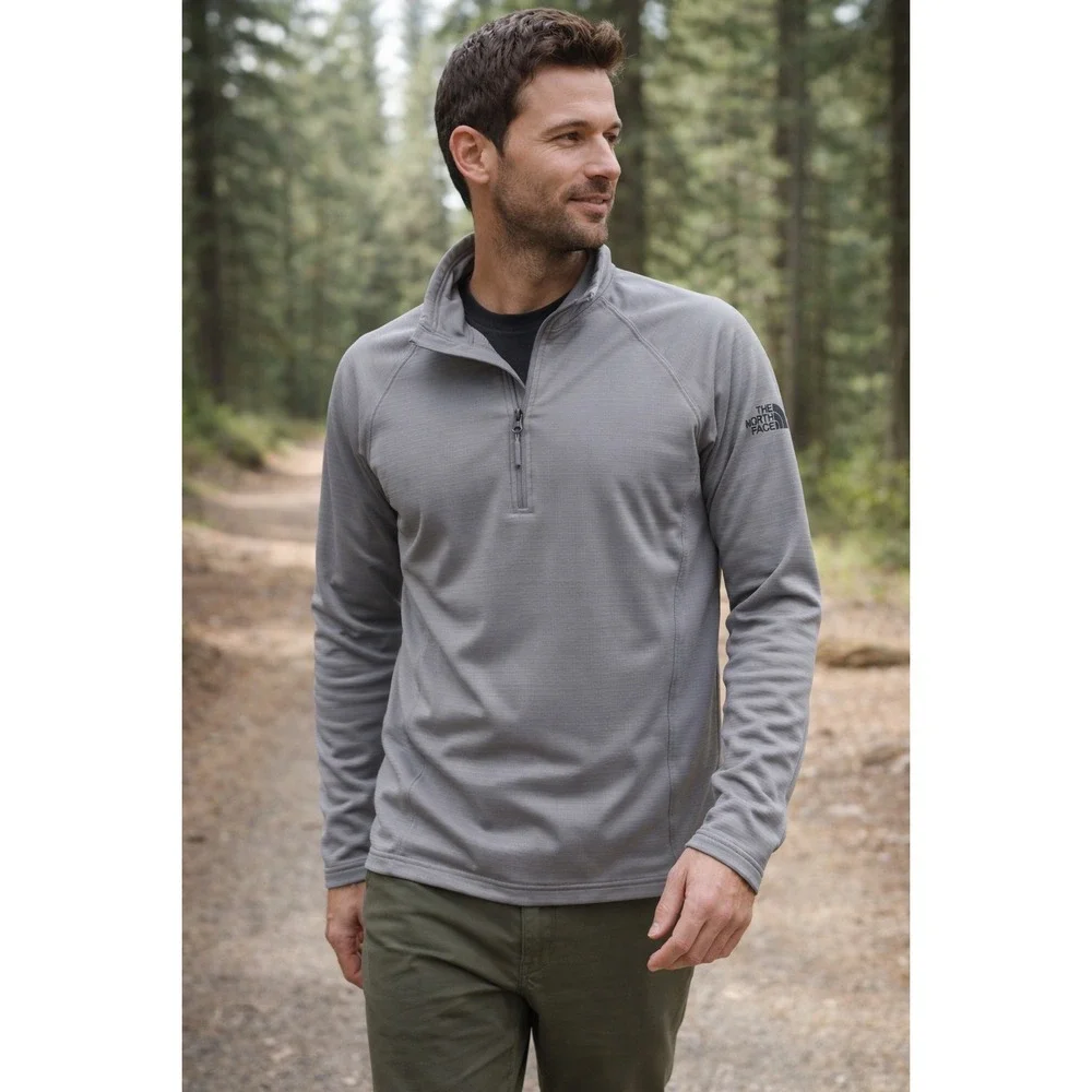 North Face Echo Rock Quarter Zip Grid Fleece Pullover Gray Hiking Jacket Sz L